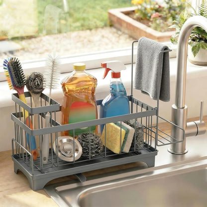 Sponge Holder for Kitchen Sink, Sink Caddy Organizer with Detachable Cloth & Brush Holder, Self-Draining Sponge Caddy Organizer with 360° Rotatable Spout, Kitchen Countertop Storage Accessories(Black)