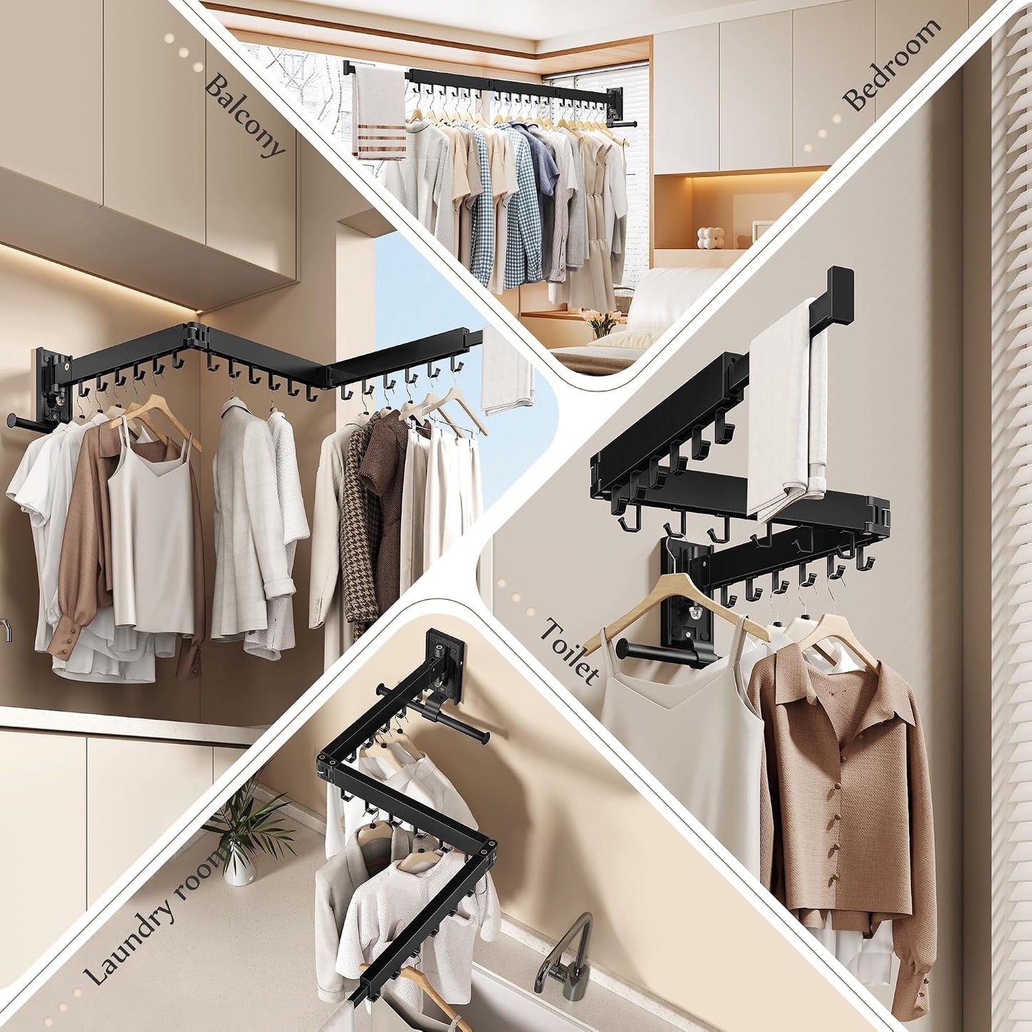 Wall Mounted Tri-Fold Clothes Drying Rack, Heavy Duty Collapsible Laundry Drying Rack, Space-Saving Retractable Foldable Drying Rack Clothes for Laundry Room Balcony Bathroom,Black-Hooks