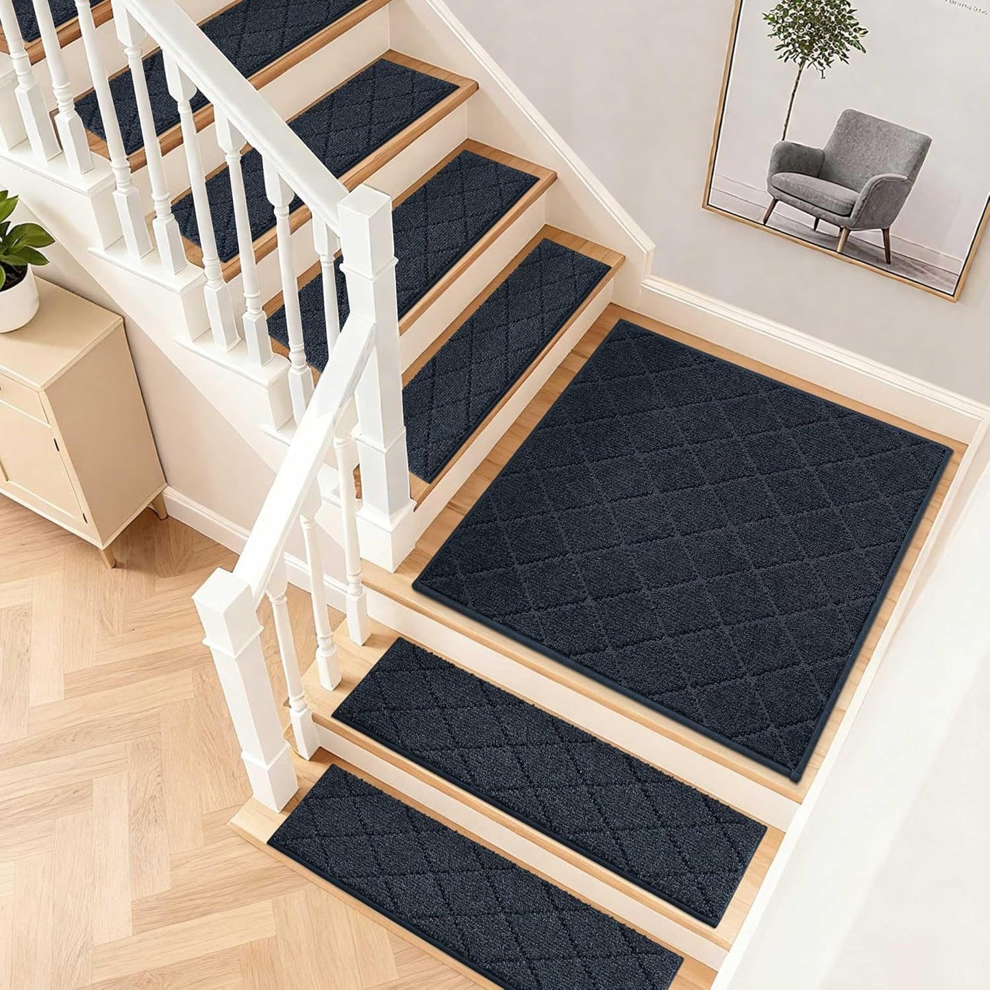 COSY HOMEER Edging Stair Treads Non-Slip Carpet Mat 28inX9in Indoor Stair Runners for Wooden Steps, Edging Stair Rugs for Kids and Dogs, 100% Polyester TPE Backing(4pc, Beige)