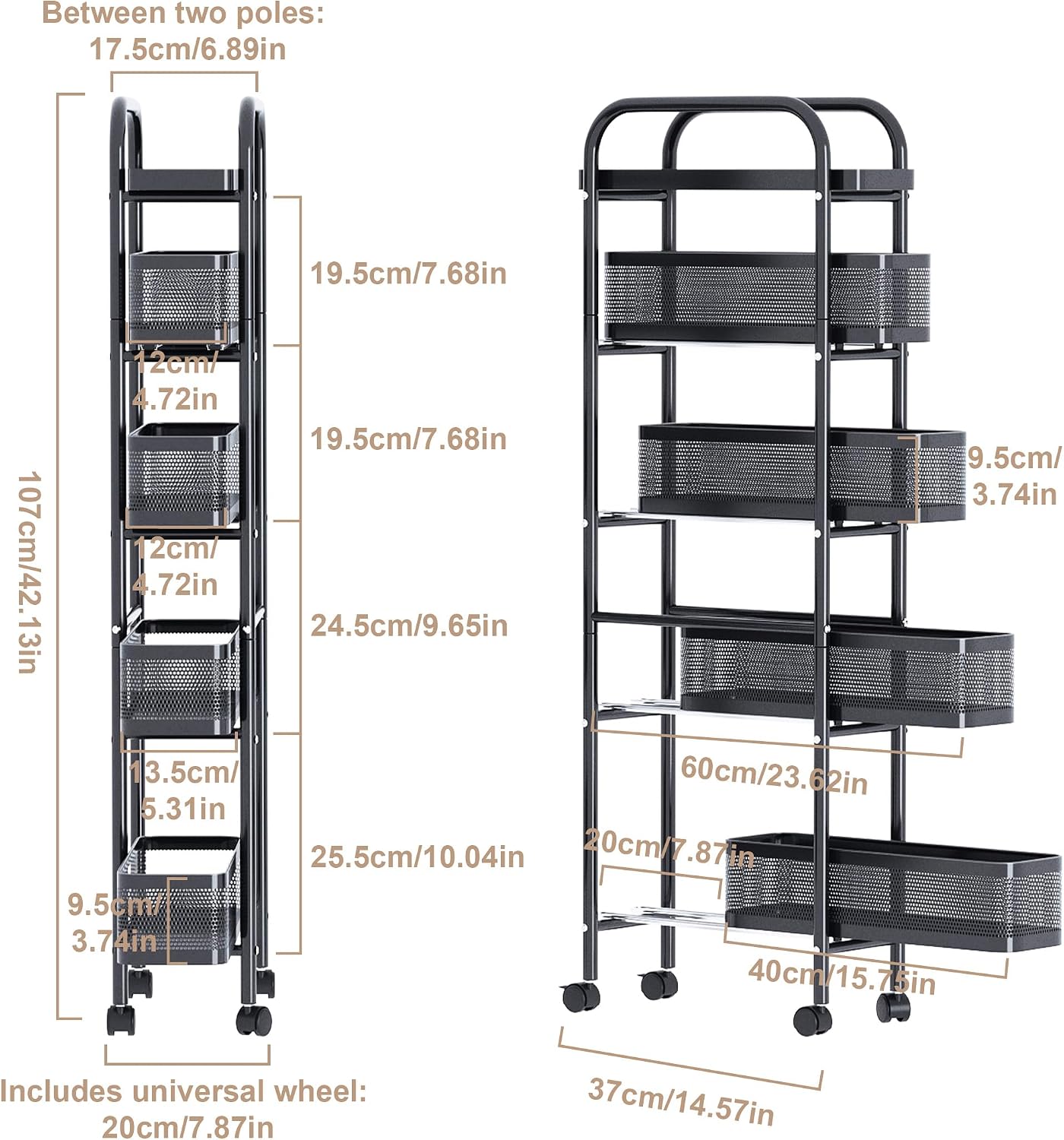 UMDONX Slim Storage Cart 5 Tier with Pull Out Basket Bathroom Organizer Rolling cart, Rolling Utility Cart Slide Out Organizer for Kitchen, Bathroom, Laundry Black