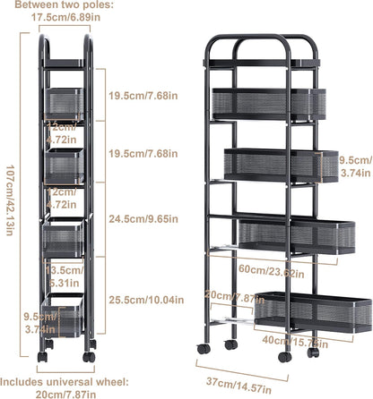 UMDONX Slim Storage Cart 5 Tier with Pull Out Basket Bathroom Organizer Rolling cart, Rolling Utility Cart Slide Out Organizer for Kitchen, Bathroom, Laundry Black