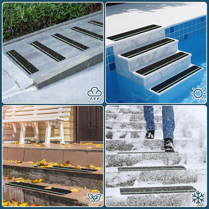 10 Pack 6” x 30” Anti Slip Traction Treads with Glow in The Dark Stripe, Outdoor Waterproof Non Skid Pre-Cut Tape with Roller, High Traction Friction Abrasive Adhesive for Stairs Step