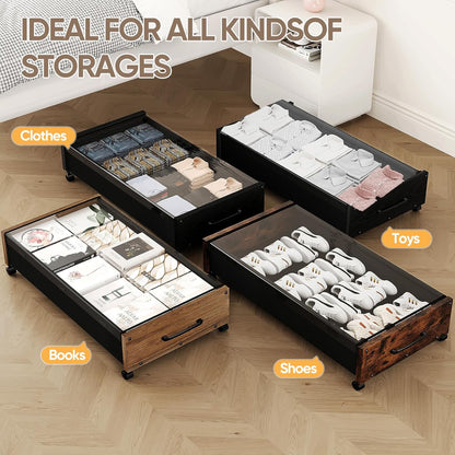 KITHELP Under Bed Storage Containers with Wheels, 2 Pack Underbed Shoe Storage Organizer with Removable Lids, Large Rolling Under Bed Storage Dresser Drawers for Clothes Toys Shoes Blankets