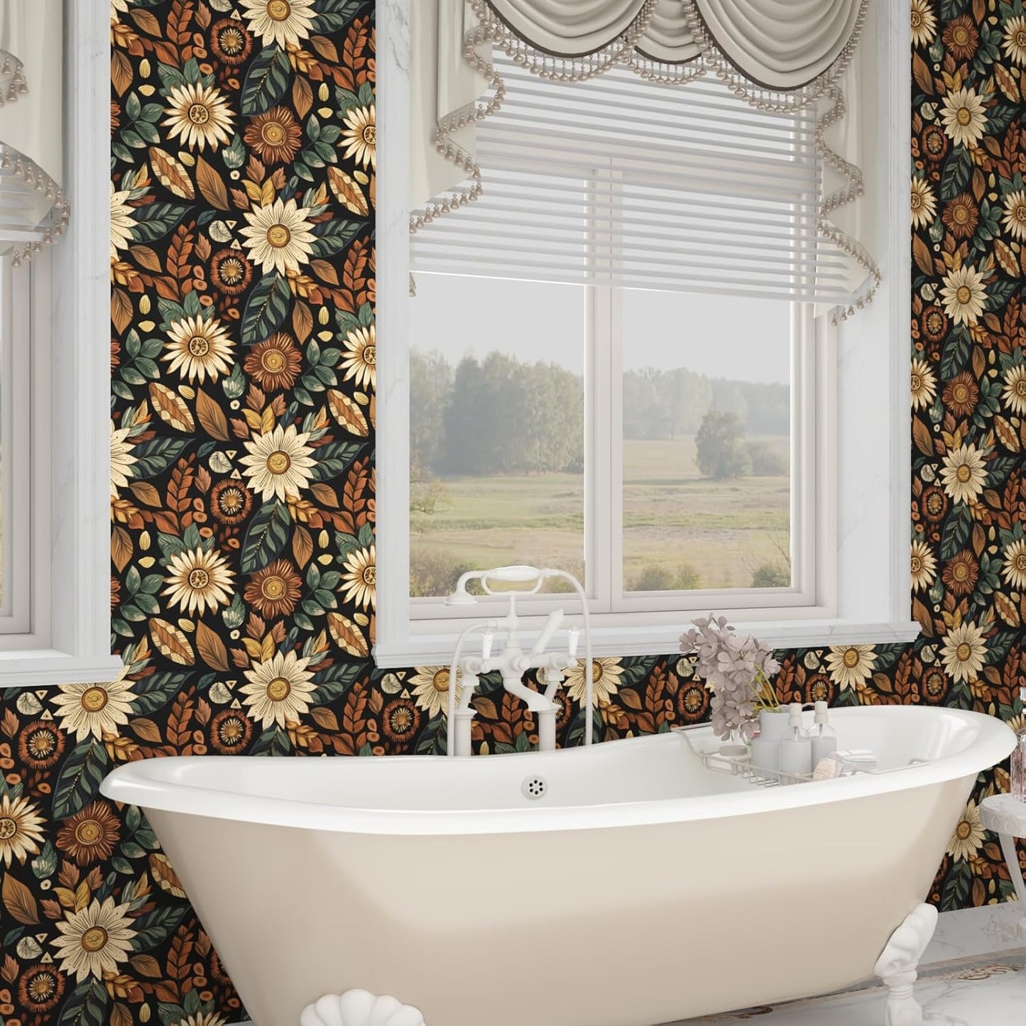 Blue Wallpaper Peel and Stick,Vintage Boho Floral Contact Paper 17.5" x 118", Retro Botanical Flower Wall Paper Self Adhesive Removable Waterproof for Walls Shelves Cabinet Table (Blue,Yellow, Green)