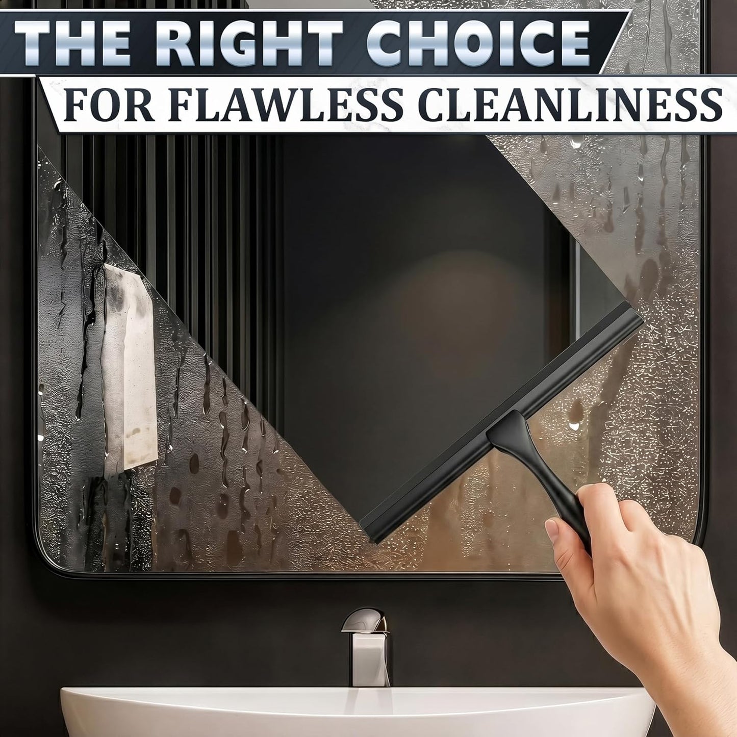 Shower Door Squeegee with Adhesive & Hanging Hooks, 12" Silicone Blade - Stainless Steel All-Purpose Squeegee for Shower Glass, Bathroom Mirror Cleaner Tool Suitable for Tile Walls - Multi-Surface Use