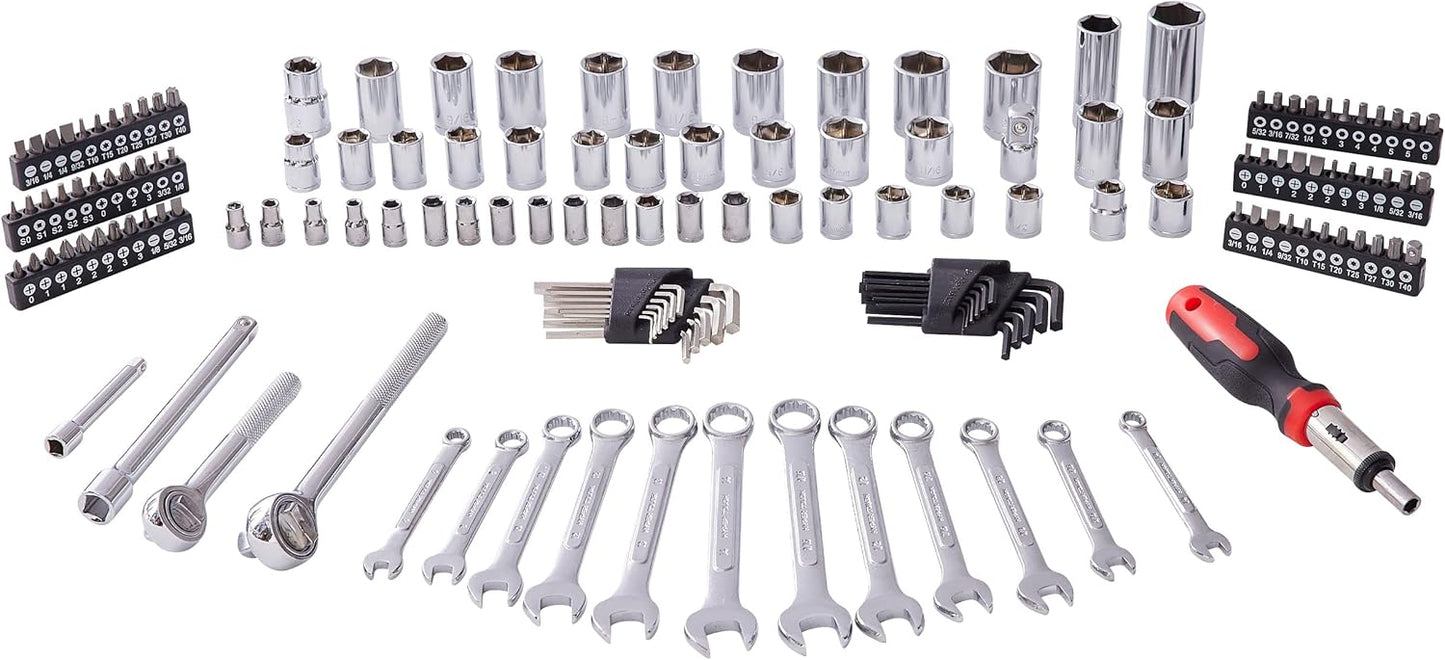 MECHMAX 121-Piece Mechanics Tool Set, 1/4 & 3/8-Inch Drive | Metric and standard SAE socket wrench kit. General automotive repair hand tool set for car mechanics and garage DIY