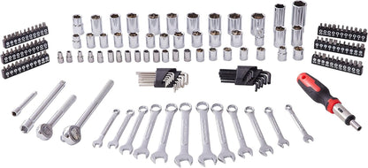MECHMAX 121-Piece Mechanics Tool Set, 1/4 & 3/8-Inch Drive | Metric and standard SAE socket wrench kit. General automotive repair hand tool set for car mechanics and garage DIY