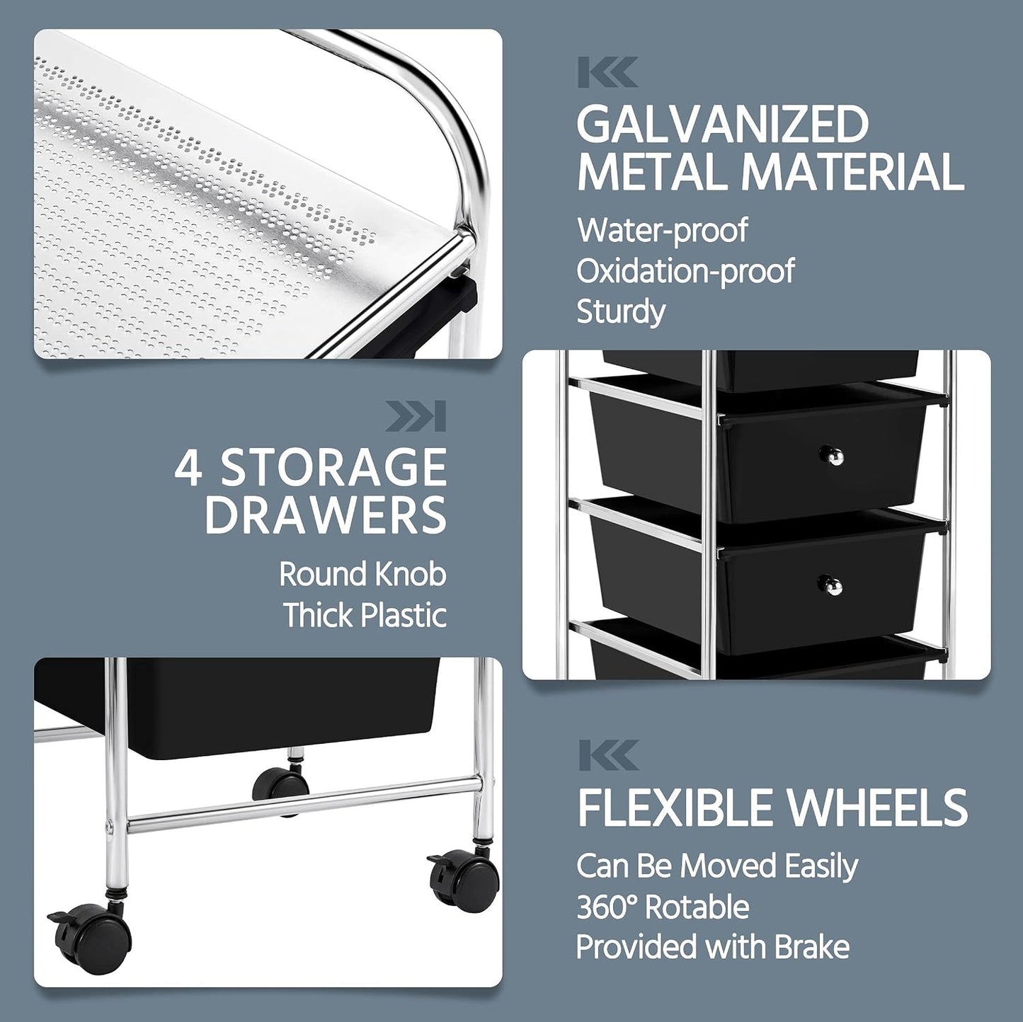 Yaheetech 4-Drawer Rolling Storage Cart with Wheels, Slim Organizer, Black | Four drawers plus a top shelf organize craft to bath gear; slim chrome-steel frame, plastic bins, locking wheels, easy setup.