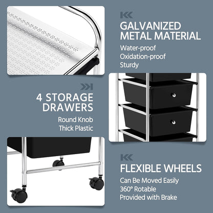 Yaheetech 4-Drawer Rolling Storage Cart with Wheels, Slim Organizer, Black | Four drawers plus a top shelf organize craft to bath gear; slim chrome-steel frame, plastic bins, locking wheels, easy setup.
