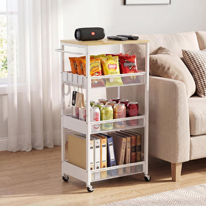 Vincona 7.1" Wide Slim Storage Cart on Wheels, 4 Tier Metal Narrow Rolling Cart with Handle and Wood Top, Multifunctional Small Mobile Shelf Unit Organizer Trolley for Laundry, Bathroom, Kitchen