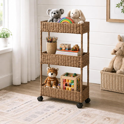 Casafield 3-Tier Rolling Storage Cart - Natural, Water Hyacinth Nursery Caddy, Utility Cart for Bathroom, Craft Room, Laundry Room Organization