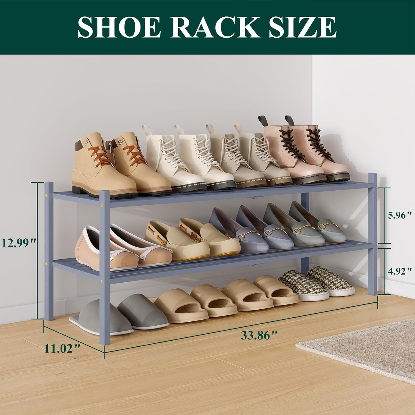 Smiry Bamboo Shoe Rack, 3 Tier Free Standing Wooden Shoe Organizer, Stackable Wood Shoe Storage Shelf for Closet, Entryway, 5 Horizontal Slats, 26.8"x11"x18.3", Natural