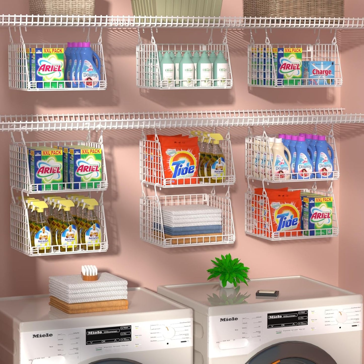 PUPPYCUTE 3-Pack Laundry Room Organization and Storage, Hanging Wire Basket for Laundry with 360°Rotating Hooks, Over Washer and Dryer Shelves, Laundry Organizers and Storage Basket, White