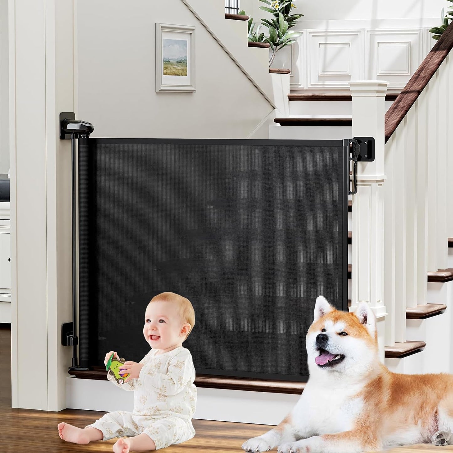 probebi Retractable Baby, Child & Dog Gates for Stairs, Extends to 54" Wide 34" Tall, Use for Outdoor, Indoor, Hallways, Doorways, Deck, Porch, Black