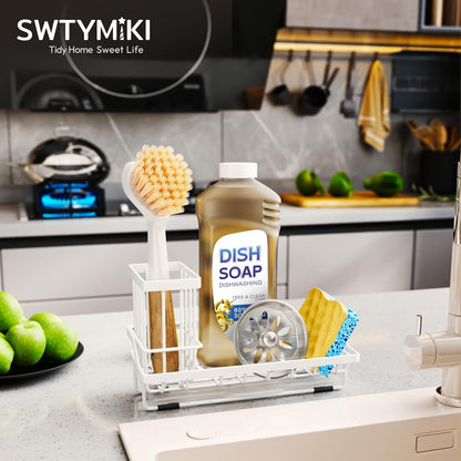 SWTYMIKI Sink Caddy Sponge Holder - Kitchen Sink Organizer with High Brush Holder for Countertop to Hold Dish Soaps and Sponges, Stainless Steel, Black