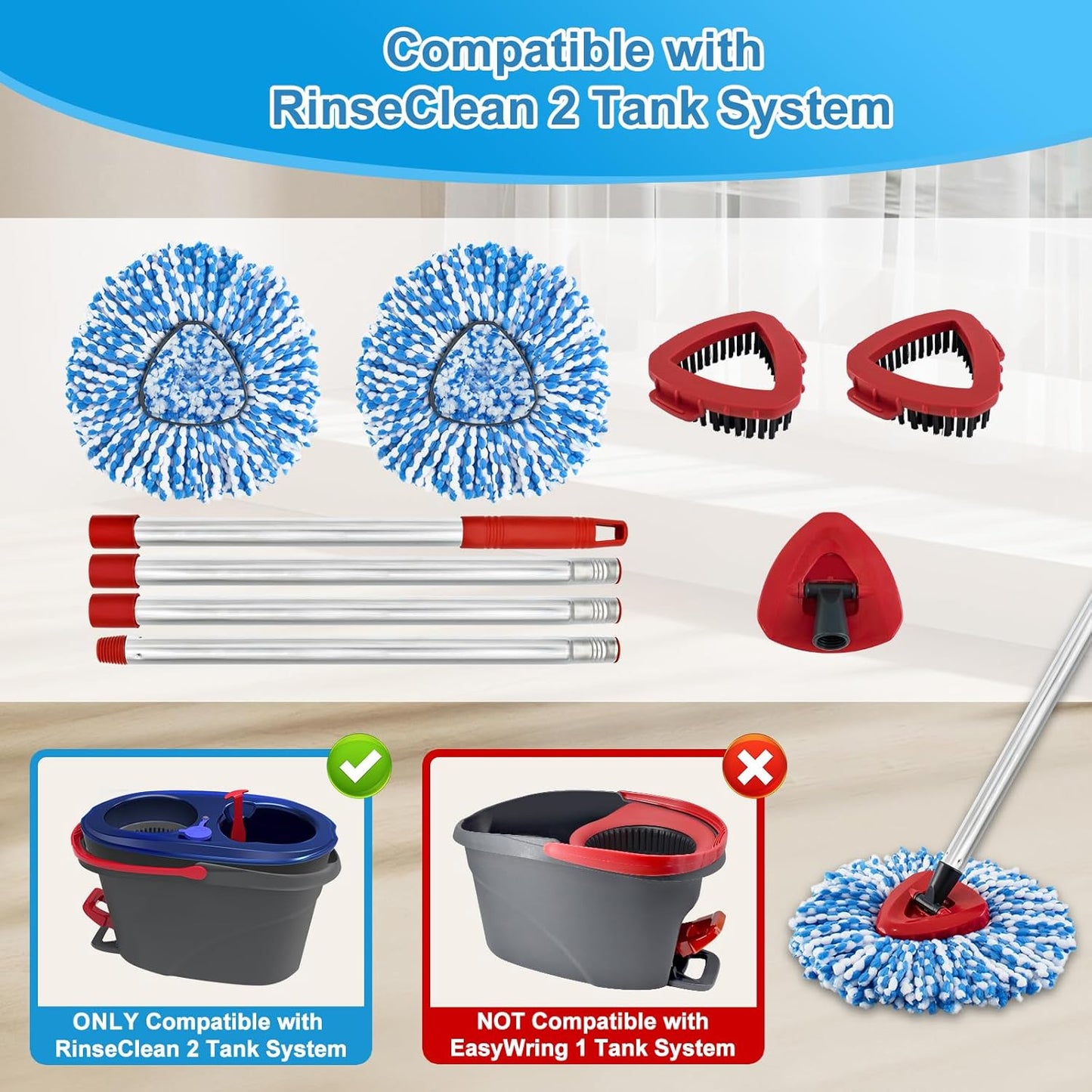 Spin Mop Handle,Mop Replace Heads,Brush and Base Compatible with O Cedar EasyWring 1 Tank,2 Microfiber Mop Refills and Brush,4-Section 30-58" Mop Handle,Mop Base Combo Set for Wet/Dry Floor Cleaning