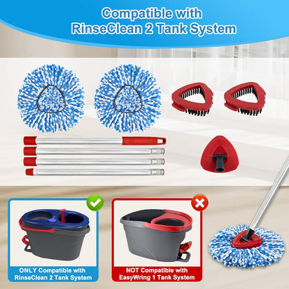 Spin Mop Handle,Mop Replace Heads,Brush and Base Compatible with O Cedar EasyWring 1 Tank,2 Microfiber Mop Refills and Brush,4-Section 30-58" Mop Handle,Mop Base Combo Set for Wet/Dry Floor Cleaning