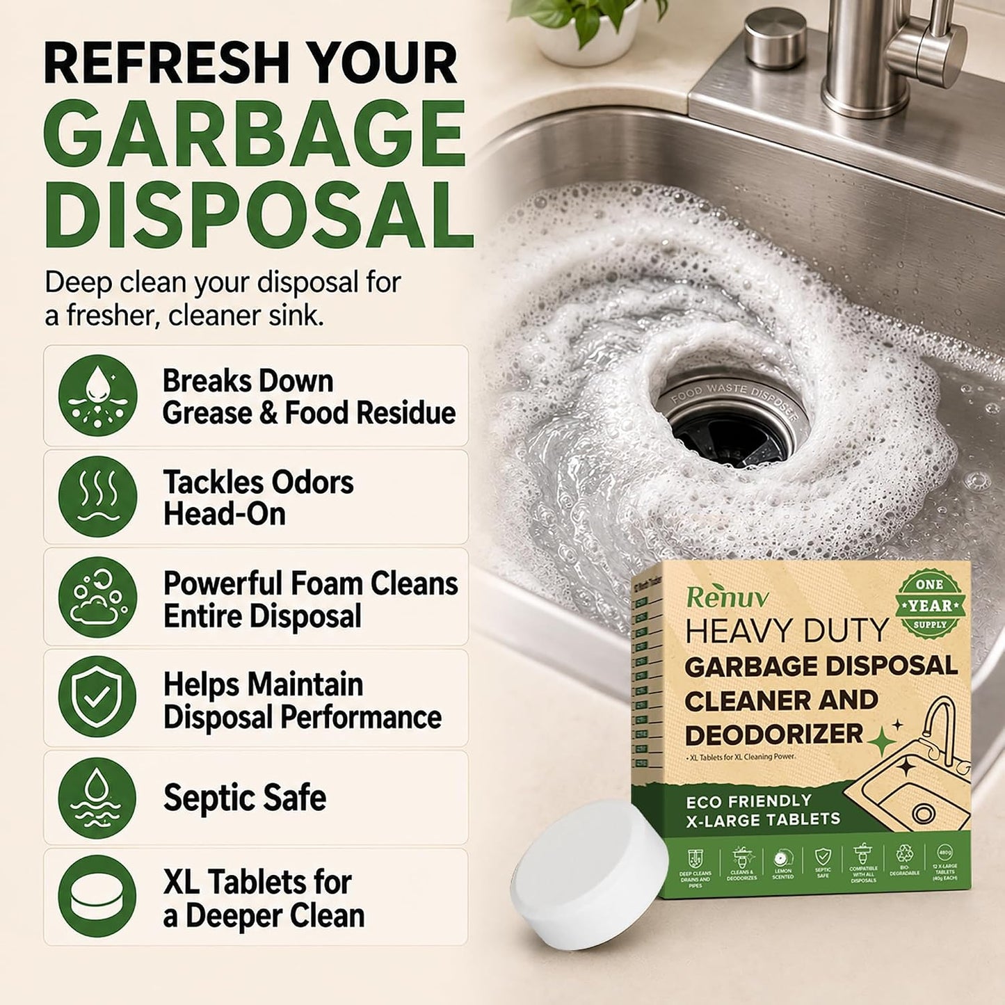 Renuv® Garbage Disposal Cleaner & Deodorizer Tablets, 12 XL Tablets | Foaming Citrus Scent, Drain Freshener, Kitchen Sink Odor Refresher For Garbage Disposer Cleaning