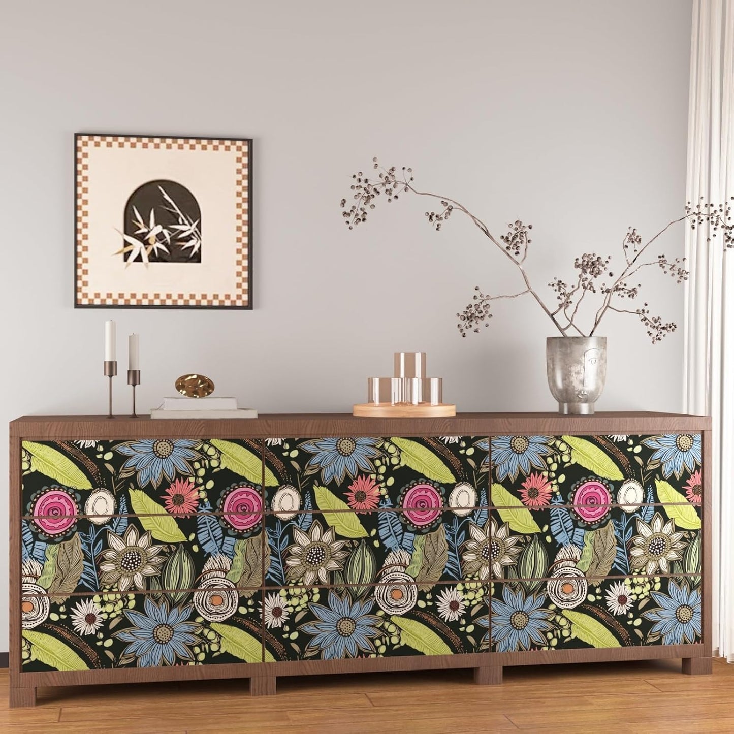 Blue Wallpaper Peel and Stick,Vintage Boho Floral Contact Paper 17.5" x 118", Retro Botanical Flower Wall Paper Self Adhesive Removable Waterproof for Walls Shelves Cabinet Table (Blue,Yellow, Green)