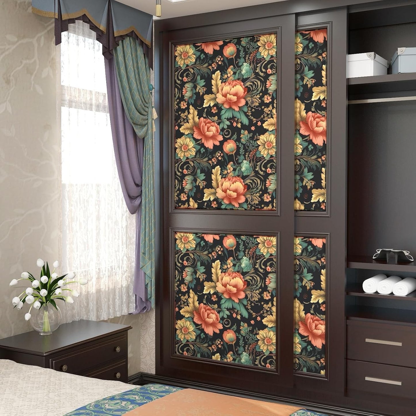 BOKEBEVE Watercolour Floral Peel and Stick Wallpaper Boho Vibrant Contact Paper Renter Friendly Wall Paper for Countertop Cabinet Wall Shelf Liner Removable Blue Colorful 17.5 x 118In