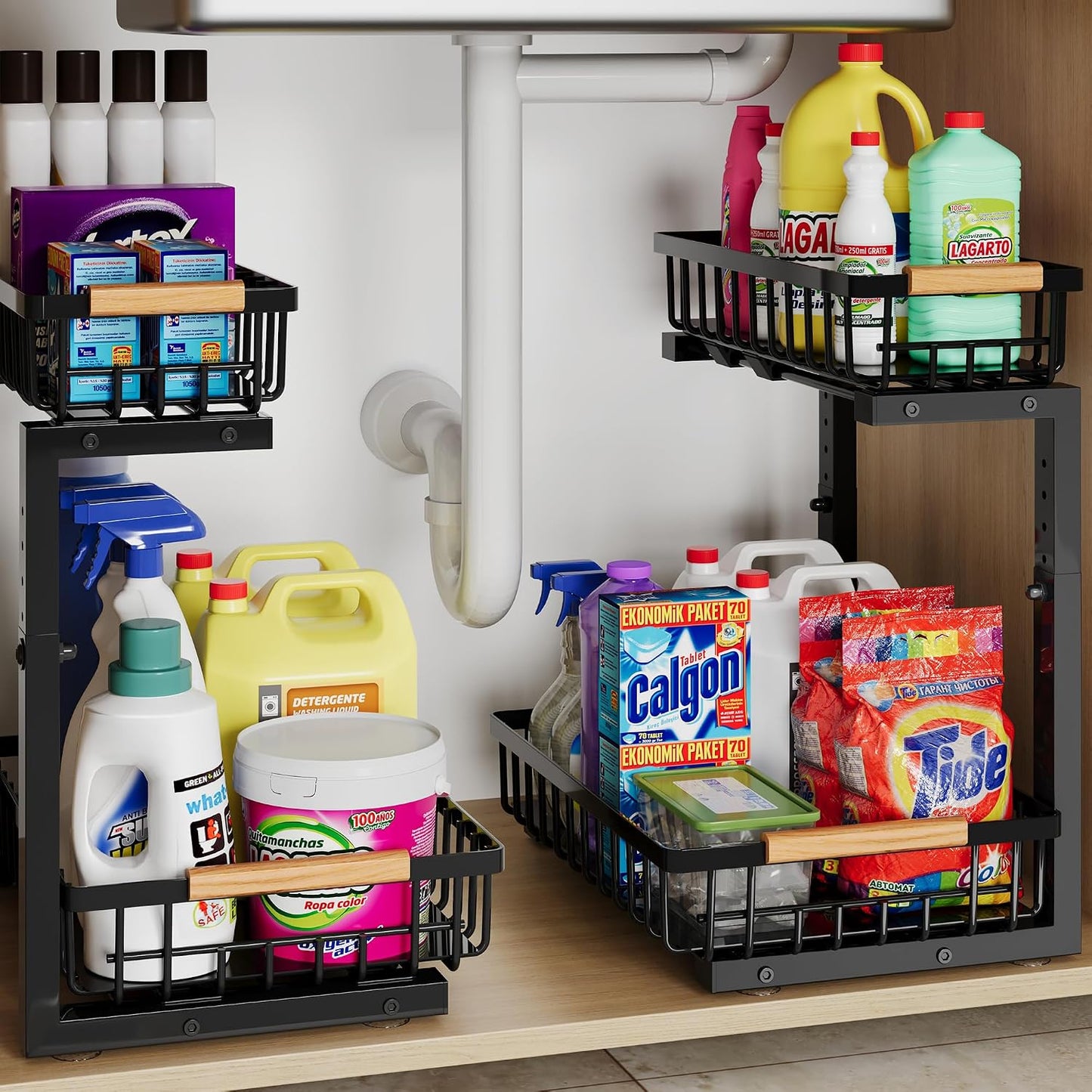 Under Sink Organizer Storage for Families: Pull Out Storage Undersink Organizers Drawer Cabinet - Sliding 2 Tier Rack Metal Organization Under Counter Kitchen Bathroom for Homemakers(White,1 Pack)