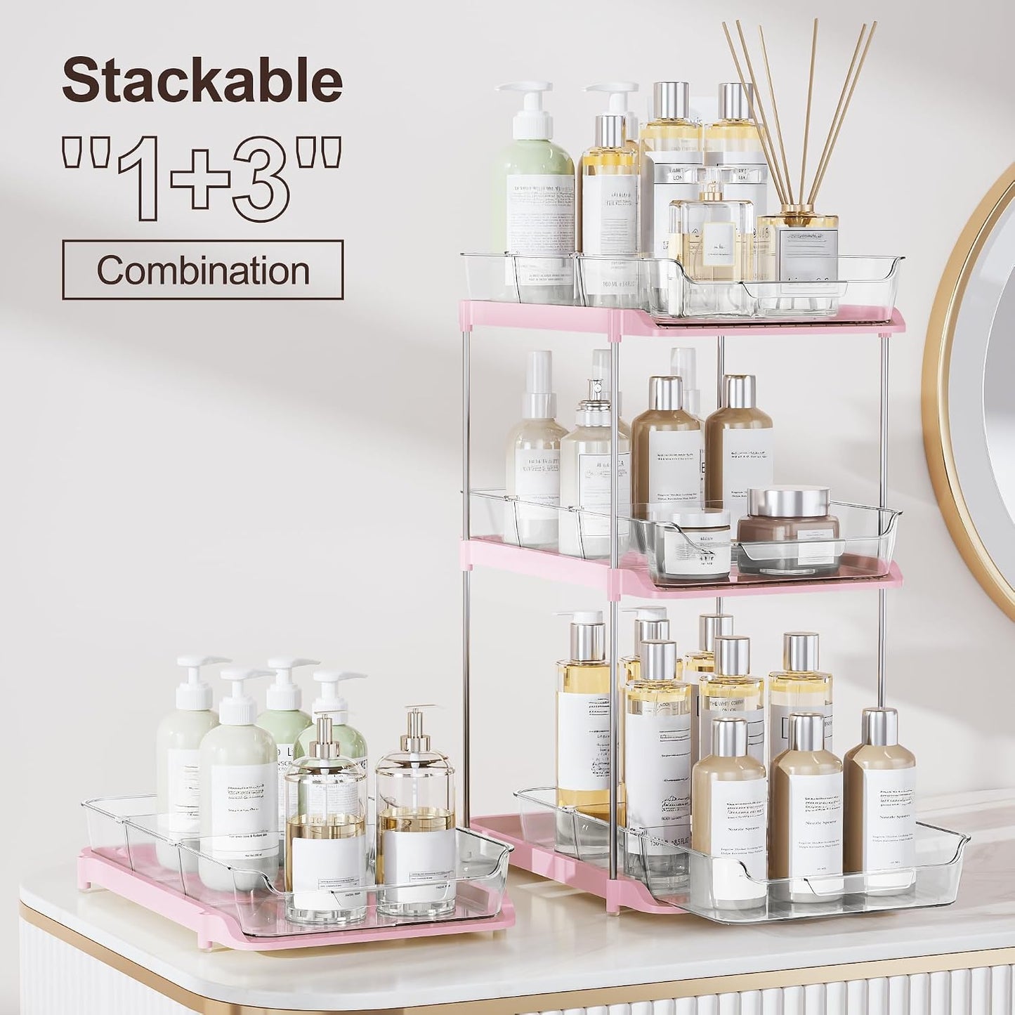 Delamu 2-Tier Multi-Purpose Bathroom Under Sink Organizers and Storage, Stackable Kitchen Pantry Organization, Pull Out Medicine Cabinet Organizer with Movable Dividers, White, 2 Pack