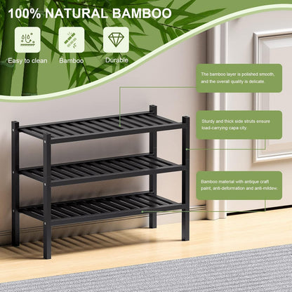ROMGUAR CRAFT 3 Tier Bamboo Shoe Rack for Closet Free Standing Wood Shoe Shelf Storage Organizer for Entryway Small Space Stackable 27"x11"x20" (Natural)