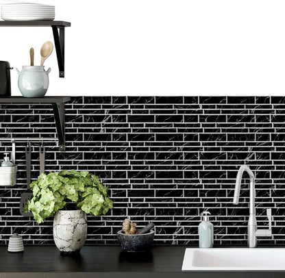 Vinyl Grey Black Tiles backsplash Wallpaper Peel and Stick,Waterproof Tile Decals for Kitchen Bathroom Restaurant Apartment Wall Renovation or Decor(25 Pcs 9.68 * 4.53 inch)