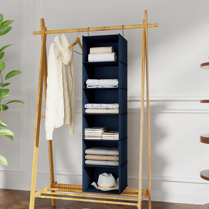 Hanging Closet Organizer 3-Shelf, Oxford Fabric Wardrobe Storage, Gray | Easy-mount foldable design holds clothes, handbags, shoes & accessories; washable Oxford fabric, sturdy and space-saving.