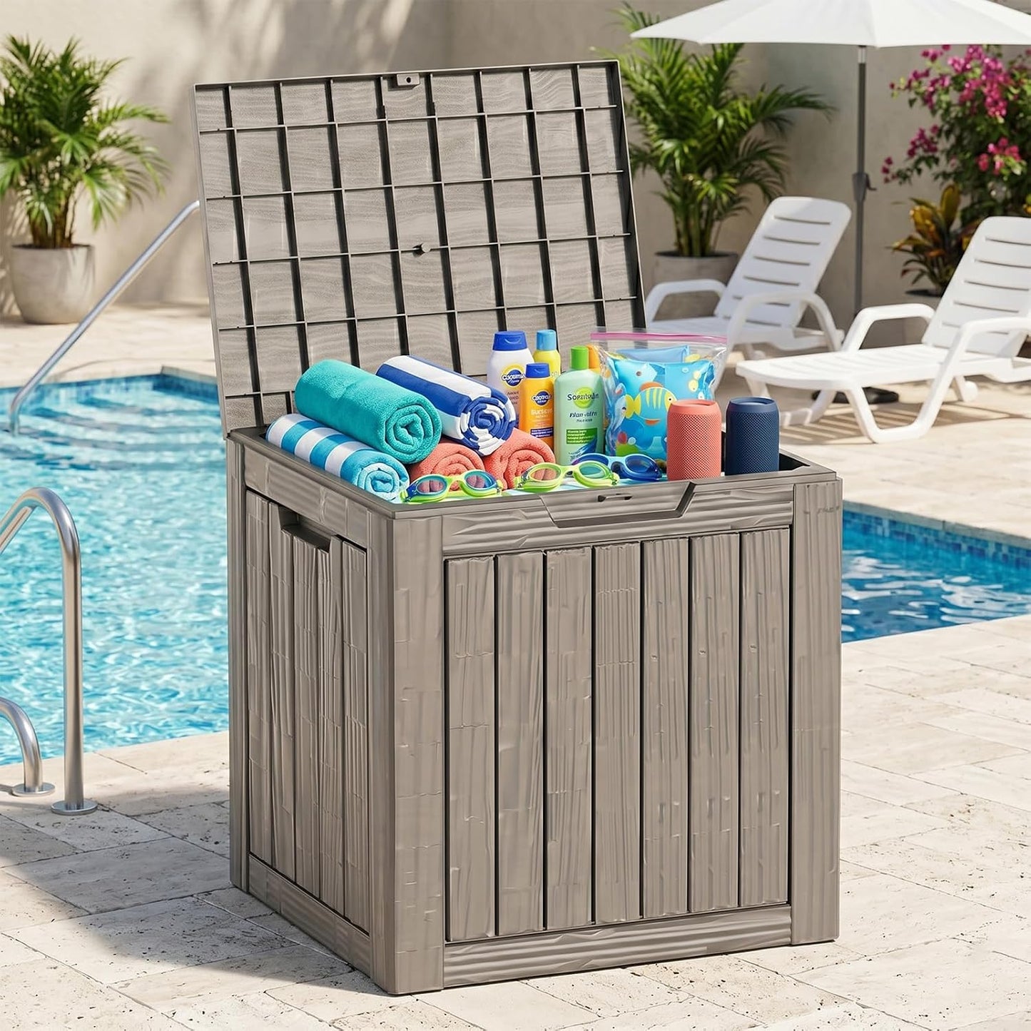 MAKINO 152 Gallon Resin Outdoor Storage Box, Waterproof Deck Box with Lockable Lid, Outside Storage Box for Patio Furniture, Pool Accessories, Garden Tools, Storage Bench for Backyard, Porch, Black