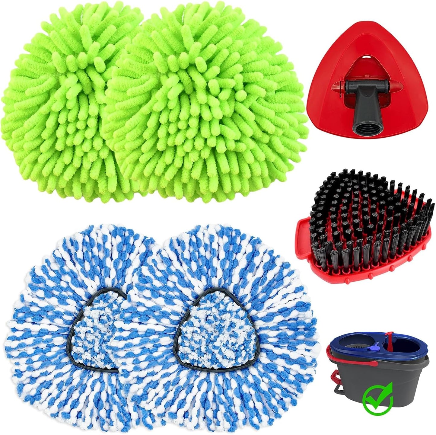 Mop Heads for O Cedar RinseClean 2 Tank Spin Mop System, 3 Microfiber Mop Head Refills and 3 Chenille Mop Pads,1 Scrub Brush, and 1 Mop Base with Mop Handle Set Combo