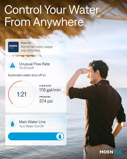 Moen Flo 1-inch Smart Water Shut Off Valve, Smart Home Water Monitor Leak Detector, Wifi Connected, App Enabled Flow Meter and Shutoff, 900-006