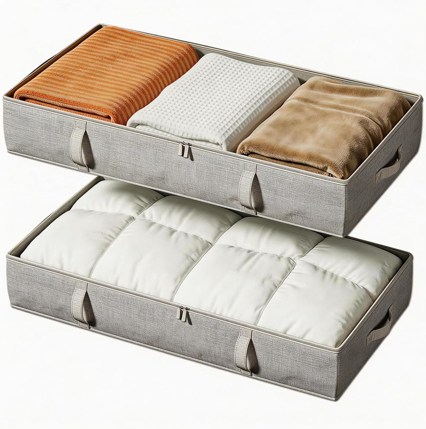 Vailando Side-Supported Under Bed Storage Containers, 6 Inches Tall 60L Underbed Storage Bins with Sturdy Handles and Sidewalls, Closet Organizer for Clothes, Blankets, Seasonal Items, Beige, 2-Pack