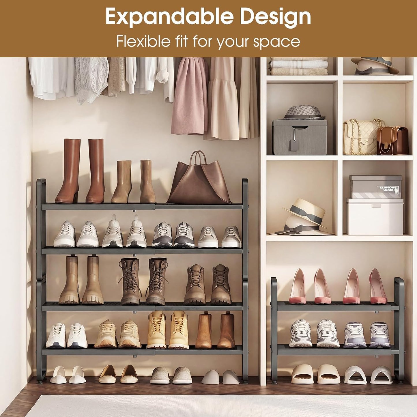 SAYZH Expandable Shoe Rack for Closet, Adjustable Metal Shoe Organizer with Sturdy Mesh Shelves for Boots & Heels, Stackable Shoe Storage for Entryway, Garage, Small Spaces (Black, 2-Tier)