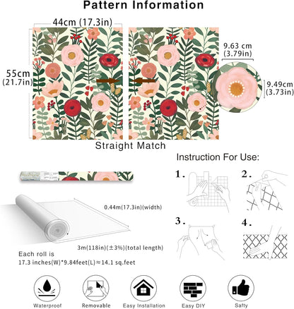 HAOKHOME Floral Peel and Stick Wallpaper Boho Vintage Wall Paper Removable for Bathroom Nursery Beige/Pink/Red Contact Paper 17.3in x 9.8ft