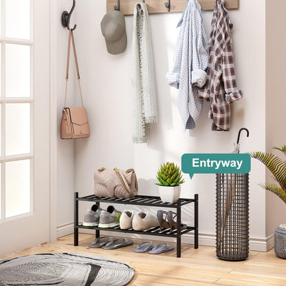 viewcare 3-Tier Black Bamboo Shoe Rack for Entryway, Stackable | Foldable | Natural, Shoe Shelf Storage Organizer for Hallway Closet, Free Standing Shoe Racks for Indoor Outdoor