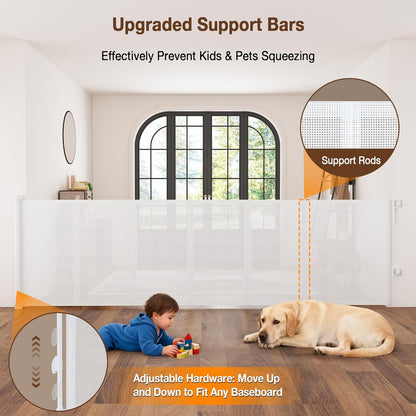 Reinforced 120" Extra Wide Retractable Baby Gates for Stairs, Mesh Saftey Gate for Pets, 10 Foot Retractable Dog Gate, No Drilling, One-Hand Operation, Retractable Gate for Indoor & Outdoor Use