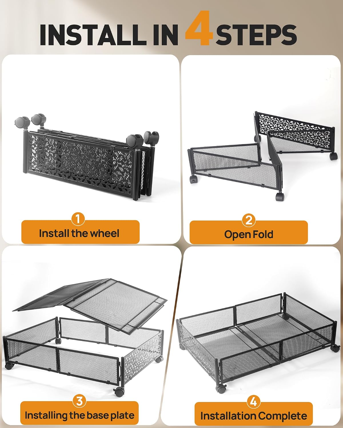 Under Bed Storage With Wheels, 2 Pack Foldable Pattern Carved Metal Under Bed Storage Containers, 60L Rolling Underbed Storage, Easy Assembly Under The Bed Storage for Shoes, Clothes, Blankets...