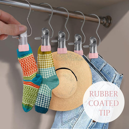 50PCS Space-Saving Clothespin Hat Pants Storage Hanging Travel Hook, Portable 360° Rotating Stainless Steel Hanging Hook Clips Towel Clips,Laundry Hooks Hanging Clips with Clips for Home and Travel