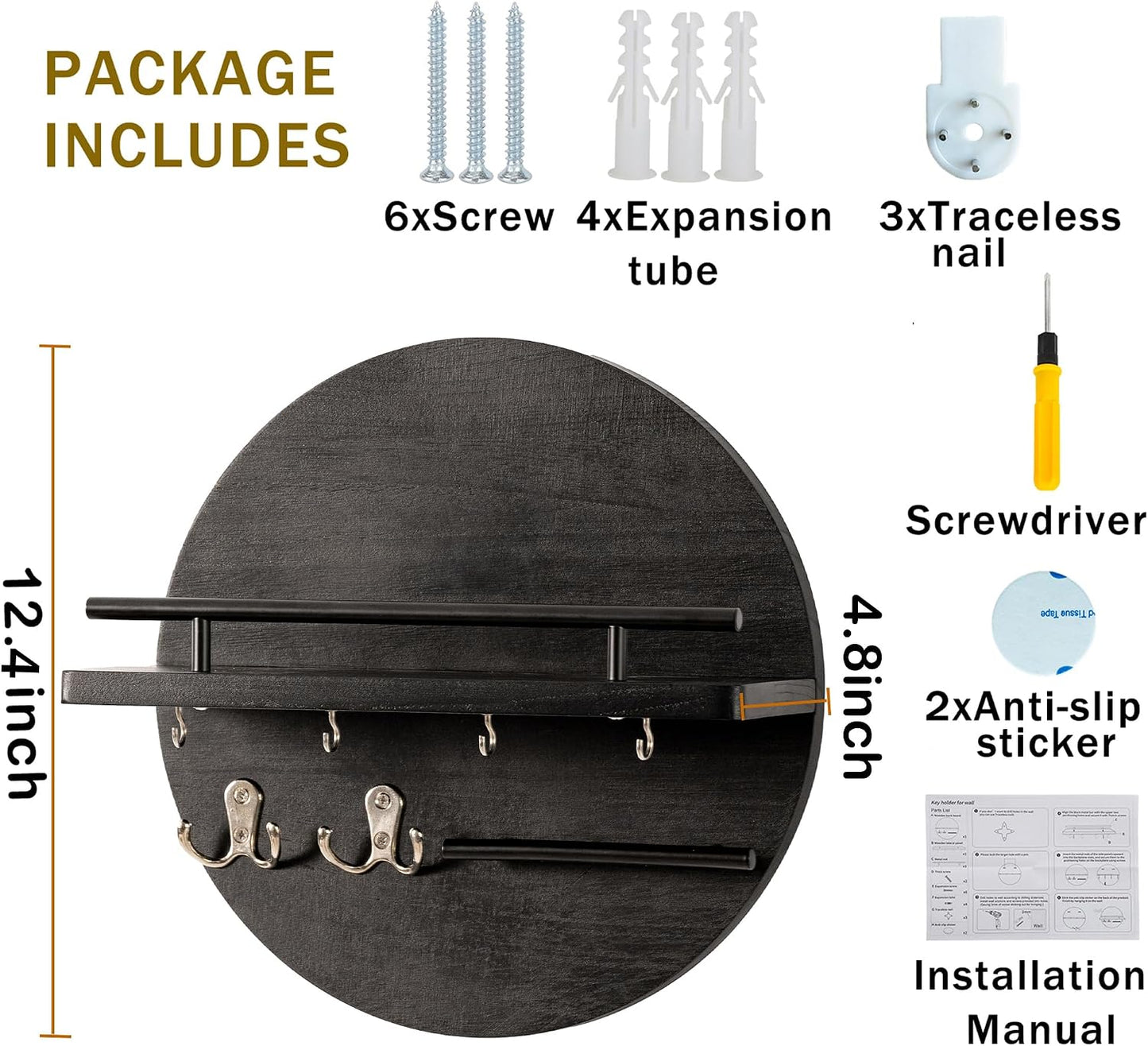 dreampossible Key Holder for Wall Decorative with Shelf and Hooks, Mail Organizer Wall Mount, Circular Design Entryway Key Rack Hanger, Rustic Home Decor (Black)