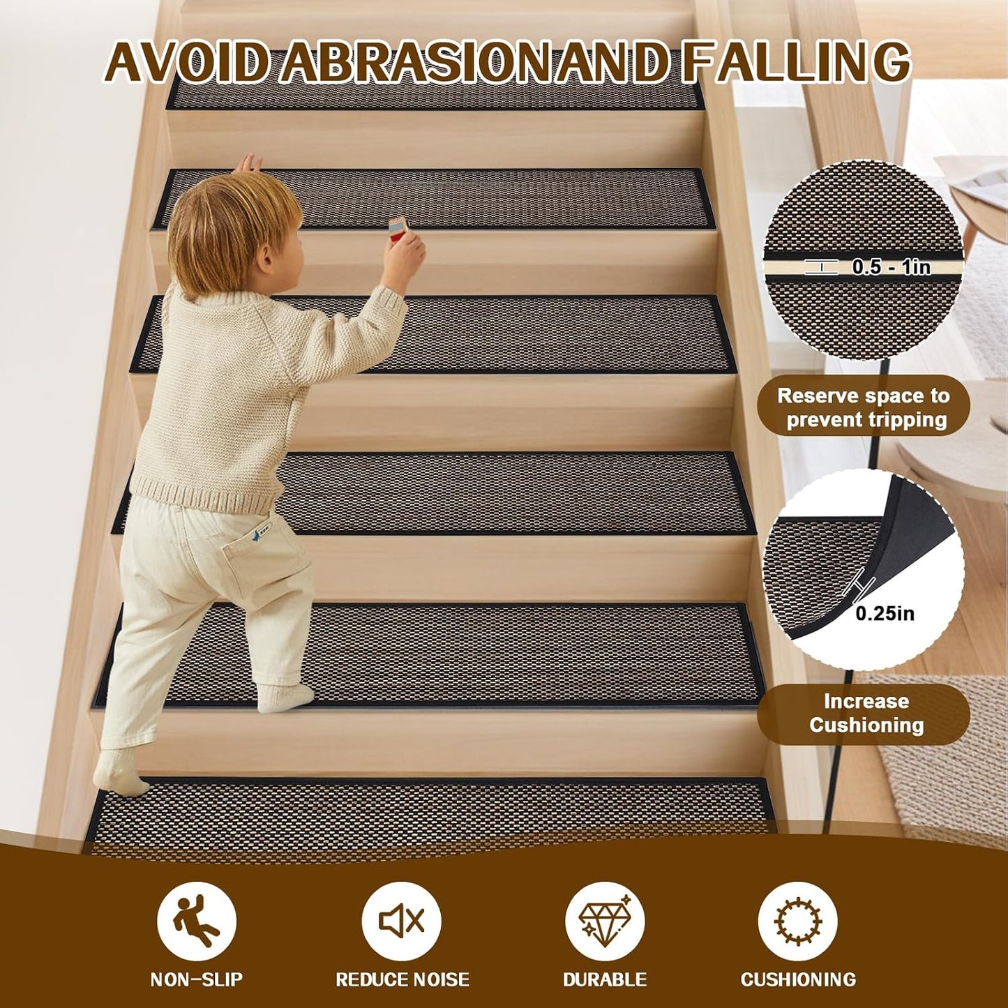 Stair Treads Non Slip, Rubber Backing Stair Treads for Wooden Steps, 15 PCS Thicken Linen Carpet Stair Runners Indoor for Kids Elders and Pets, No Residue Stair Carpet Treads, 8"x30", Beige
