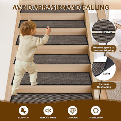 Stair Treads Non Slip, Rubber Backing Stair Treads for Wooden Steps, 15 PCS Thicken Linen Carpet Stair Runners Indoor for Kids Elders and Pets, No Residue Stair Carpet Treads, 8"x30", Beige