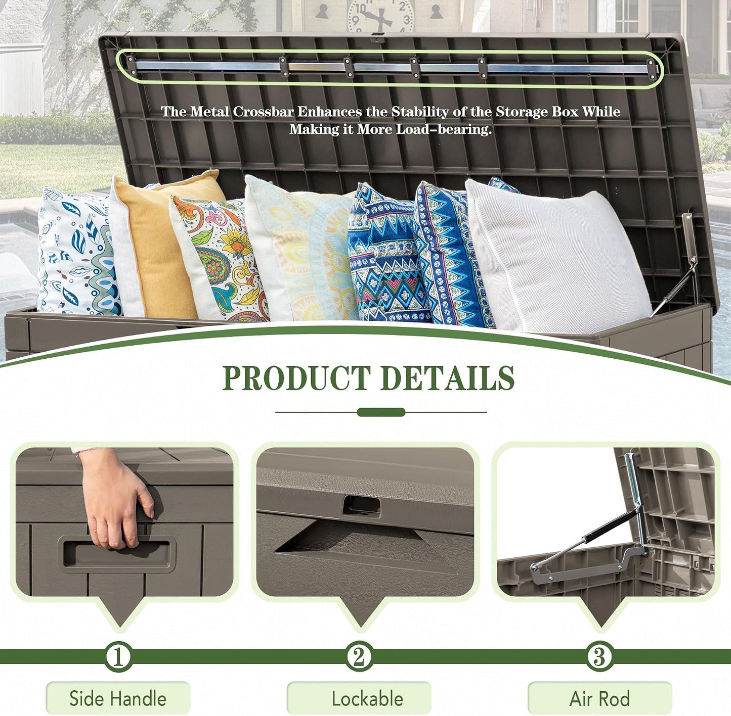 Greesum Outdoor Storage Box 31 Gallon Storage Box with Lid for Patio Furniture, Garden Tools, Pool Supplies, Waterproof and UV Resistant, Lockable, Dark Black