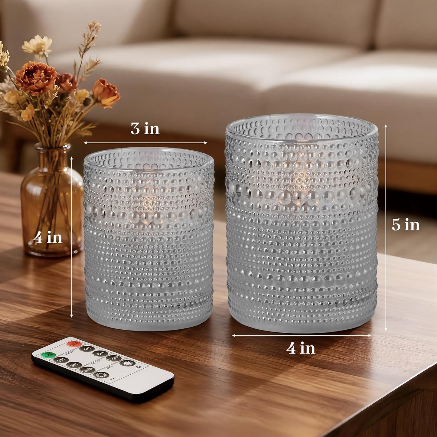 Dotted Glass Flameless Candles with Remote Timer, Real Wax Battery Operated LED Pillar Candles with 3D Flickering Flame for Festival Wedding Home Party Decor, 3" x 4", 4" x 5", Set of 2 (White)