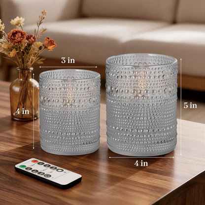 Dotted Glass Flameless Candles with Remote Timer, Real Wax Battery Operated LED Pillar Candles with 3D Flickering Flame for Festival Wedding Home Party Decor, 3" x 4", 4" x 5", Set of 2 (White)