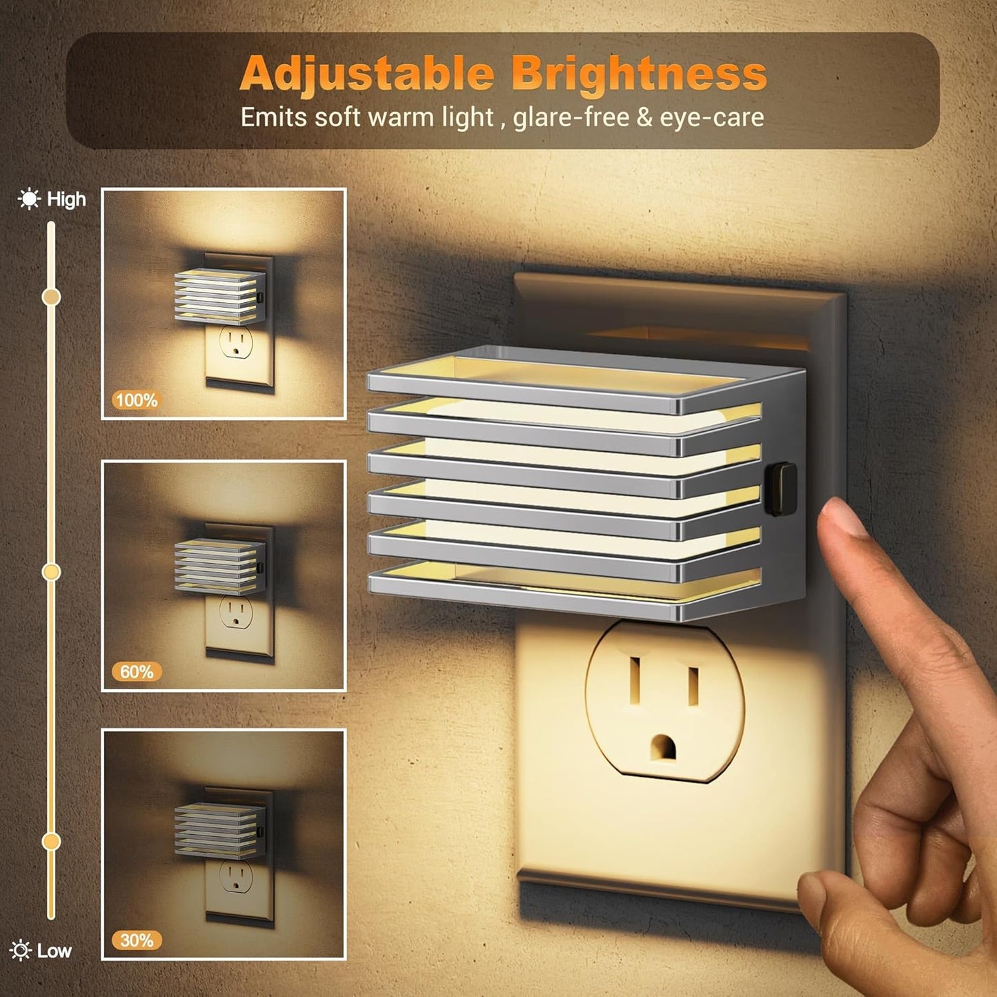 JandCase Motion Sensor Night Light, [2 Pack] Night Lights Plug into Wall, Dusk to Dawn & Motion Sensor, 3 Level Brightness Dimmable Plug in Night Light, 3000K Nightlight for Bedroom Bathroom Hallway
