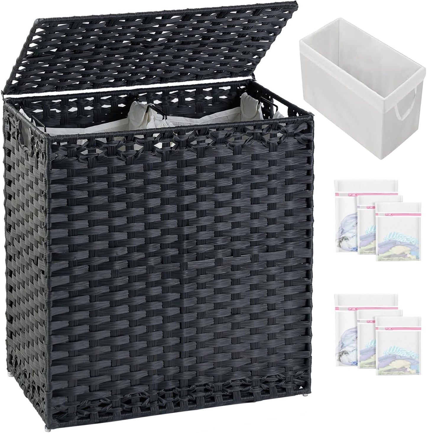 SETVSON Laundry Hamper with Lid Laundry Basket 132 L (35 Gal) Wicker Clothes Hamper, Handwoven Rattan Hamper with Handles and 4 Removable Liner Bags, 6 Mesh Bags for Laundry Bedroom Natural