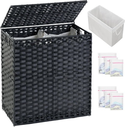 SETVSON Laundry Hamper with Lid Laundry Basket 132 L (35 Gal) Wicker Clothes Hamper, Handwoven Rattan Hamper with Handles and 4 Removable Liner Bags, 6 Mesh Bags for Laundry Bedroom Natural