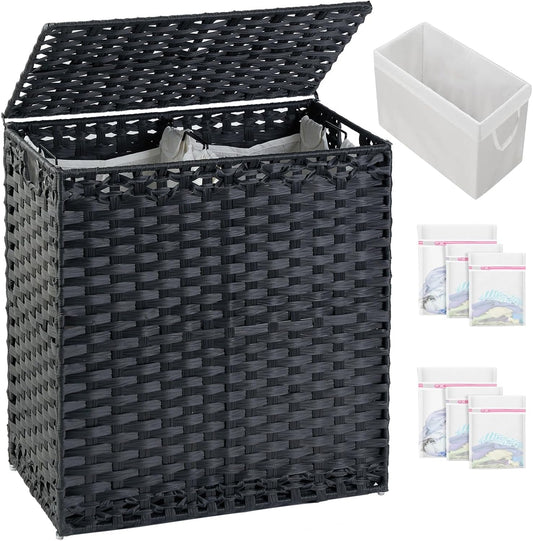 SETVSON Laundry Hamper with Lid Laundry Basket 132 L (35 Gal) Wicker Clothes Hamper, Handwoven Rattan Hamper with Handles and 4 Removable Liner Bags, 6 Mesh Bags for Laundry Bedroom Natural