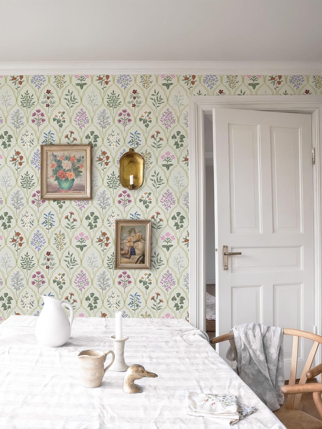 Dimoon 17.3''x78.7'' Vintage Peel and Stick Wallpaper Boho Beige Neutral Contact Paper White Floral Bird Wallpaper Removable Botanical Renter Friendly Modern Wall Paper Bedroom Bathroom Vinyl Roll